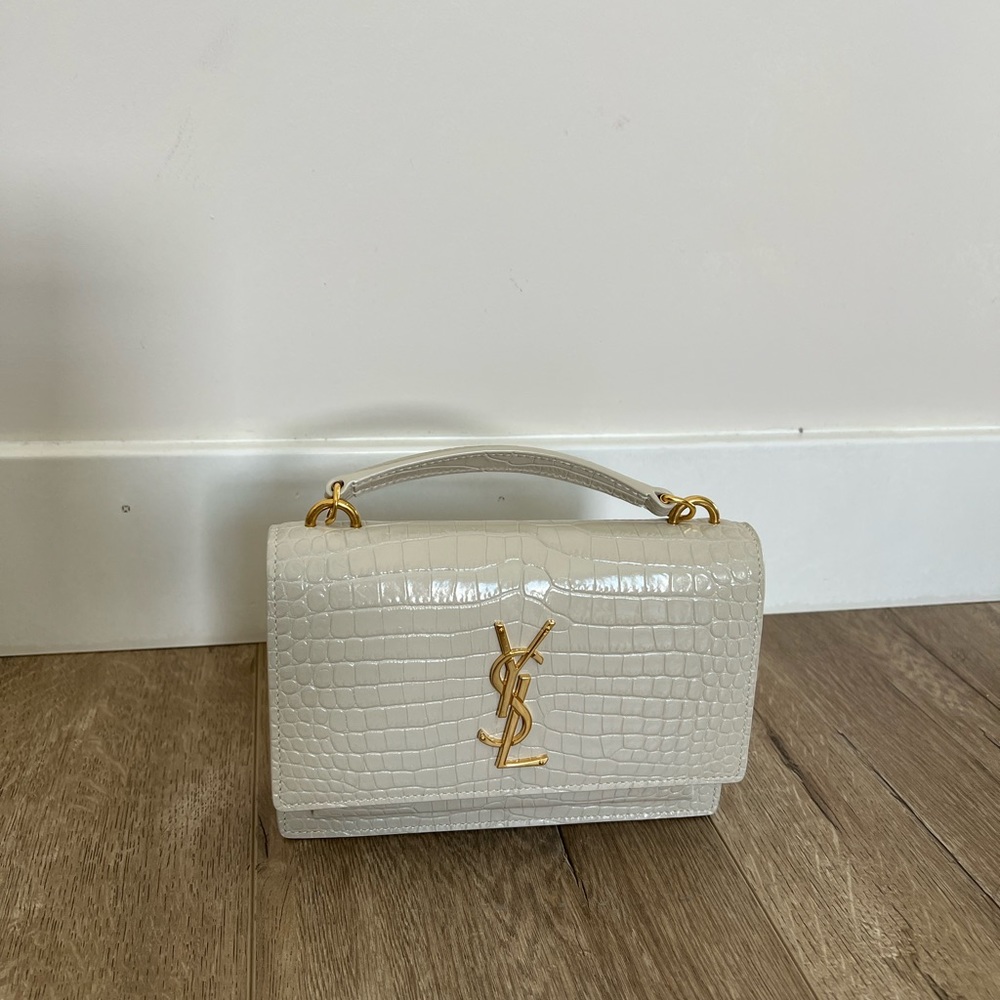 Saint Lauren Sunset Chain Wallet in Crocodile-Embossed Shiny Leather
